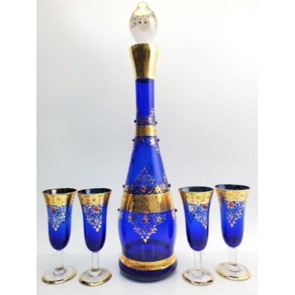 VTG Elegant Italian 5 Piece Cobalt Blue and gold accents Decanter Set